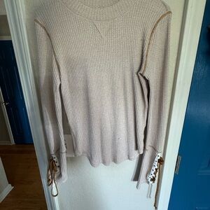Cream Ribbed Long Sleeve Top with Lace-Up Details free people